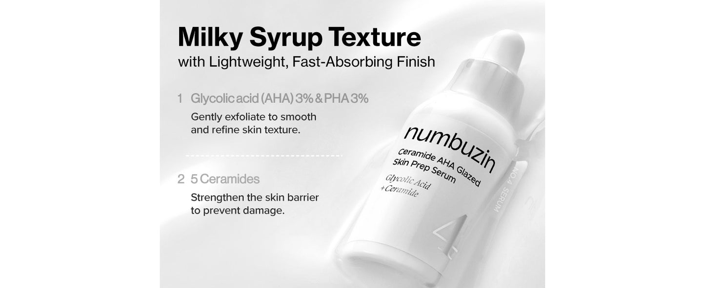 numbuzin No.4 Ceramide AHA PHA Glazed Skin Prep Serum - Gentle Exfoliating Serum with Glycolic Acid & PHA for Smooth Texture & Glass Skin Glow