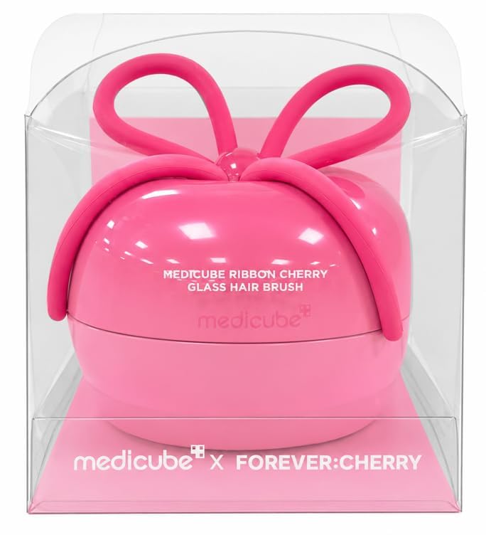 medicube Ribbon Cherry Hair Brush, Detangler for Glass Hair, Pink