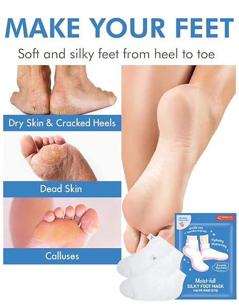 DERMAL Moistfull Silky Foot Mask - 1 Mask Set - Hydrating Foot Mask Socks for Dry Cracked Feet, Toes, and Callus - Ceramide, Shea Butter - Repair Rough Heels - Refreshing Peach Scent (Non-Peel)