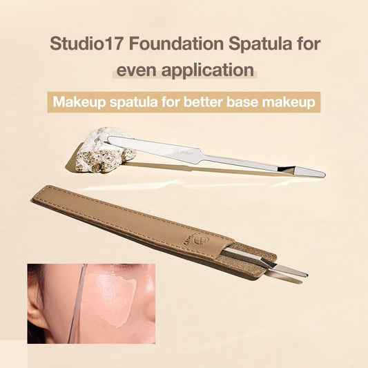 STUDIO17 Foundation Spatula Made of Stainless Steel, Professional Makeup Spatula for Even Application of Foundation, Double Edged Spatula for Small Area of Face, Pouch Included for Clean Storage