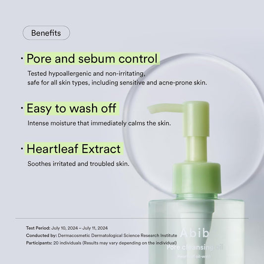 Abib Pore Cleansing Oil Heartleaf Oil-Wash - Formulated with heartleaf extract effectively removes makeup, sunscreen, and impurities while maintaining skin's natural moisture balance