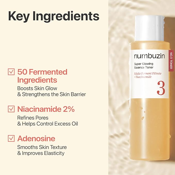 numbuzin No.3 Super Glowing Essence Toner - Fermented Toner for Skin Glow & Texture, Bifida, Niacinamide, Hydrating, Radiance-Boosting Essence, Pore Reset
