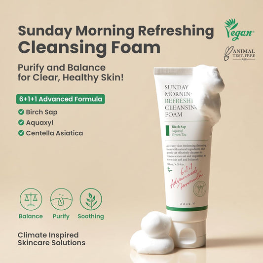 AXIS-Y Sunday Morning Refreshing Cleansing Foam with Birch Sap - Hydrating & Soothing Gentle Facial Cleanser - Vegan Korean Skin Care Face Wash for All Skin Types