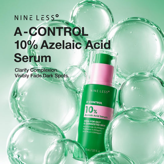 NINELESS A-Control 10% Azelaic Acid Serum with Niacinamide, Snail Mucin, 3 Hyaluronic Acids & Panthenol, Evens tone, Refines pores, Hydration, Soothes redness, For acne-prone, oily skin