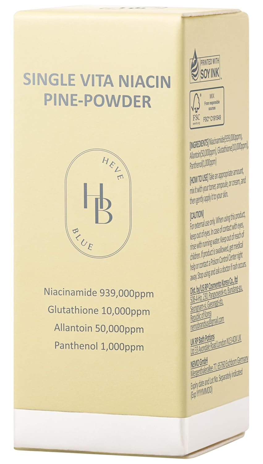 HEVEBLUE Single Vita Niacin Pine-Powder, Brightening Powder with Niacinamide and Glutathione, Improves Skin Tone & Texture, Korean Skincare (1 Count)
