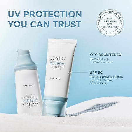SKIN1004 Centella Hyalu-Cica Water-Fit Sun Serum UV, Korean Sunscreen SPF 50, Centella Sunscreen, Travel Essentials, Sunscreen with Hyaluronic Acid, No White Cast, Korean Skin Care