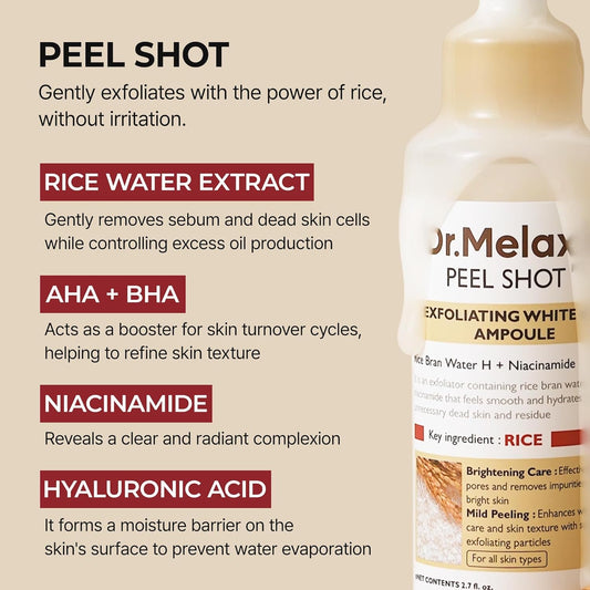 Dr.Melaxin Peel Shot Glow White Rice Peeling Ampoule with Rice Extract & AHA BHA, Brightening & Gentle Exfoliating Serum for Sebum Control, Niacinamide & Hyaluronic Acid, Korean Skincare