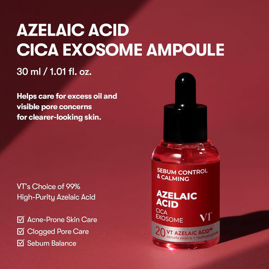 VT COSMETICS Azelaic Acid Cica Exosome Ampoule, Korean Skincare Serum - This calming ampoule is designed for acne-prone skin to help balance excess oil, refine the look of pores, and support clearer-looking skin without harsh