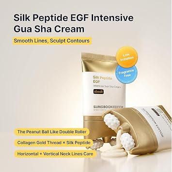 SUNGBOON EDITOR Silk Peptide EGF Intensive Gua Sha Neck Cream, 2.70 fl oz Peanut Ball Roller Gua Sha, 30-Type Silk Peptide Complex & EGF, Lifts&Smooths Neck Lines, Non-Sticky Neck & Décolleté Cream