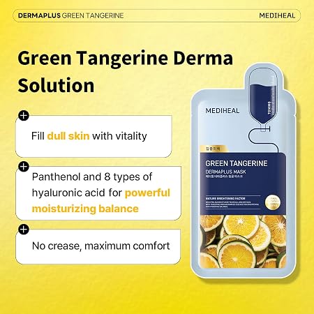 MEDIHEAL Dermaplus Green Tangerine Mask-Daily Vegan Mask for Toning Skin with Panthenol & Hyaluron, Korean Self Skin Care Sheet Mask
