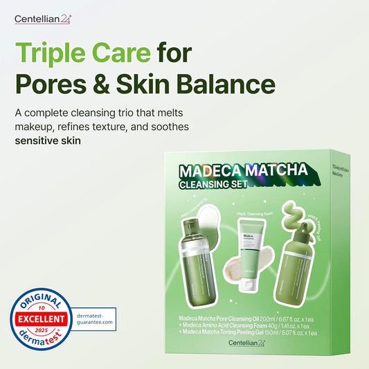 CENTELLIAN24 Madeca Matcha Cleansing Set - Peeling Gel, Oil & Foam, Korean Skincare Trio with TECA and Centella to Purify, Exfoliate and Smooth for a Complete Facial Routine, 3 Pieces