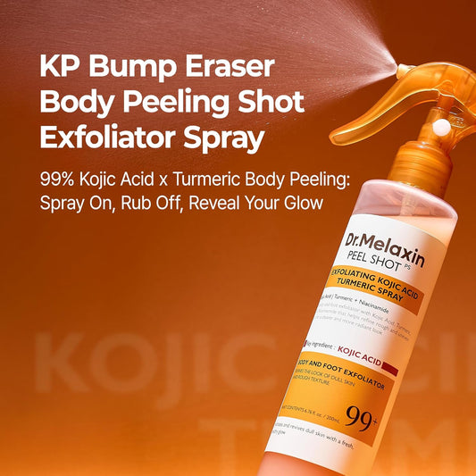 Dr.Melaxin Peel Shot Kojic Acid Turmeric Body Exfoliator Spray 6.76 fl.oz - AHA PHA Niacinamide Body Scrub for KP Bumps, Dark Spots, Uneven Skin Tone, Dead Skin, Korean Skin Care