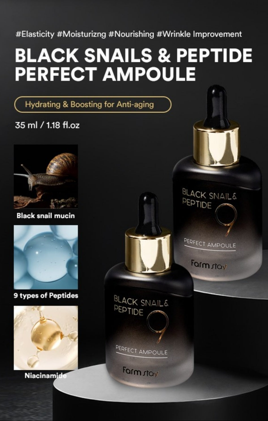Farmstay Black Snail & Peptide9 Perfect Ampoule - Snail Mucin Serum for Elastic & Glow Skin, Boosting Radiance & Repairing Skin Barrier Serum