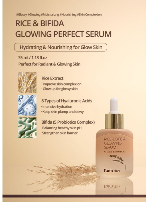 Farmstay Rice & Bifida Glowing Serum - Dark Spot Correction, Even-Toning, Nourishing, Anti-Aging, Smoothing, Firming, Hydrating
