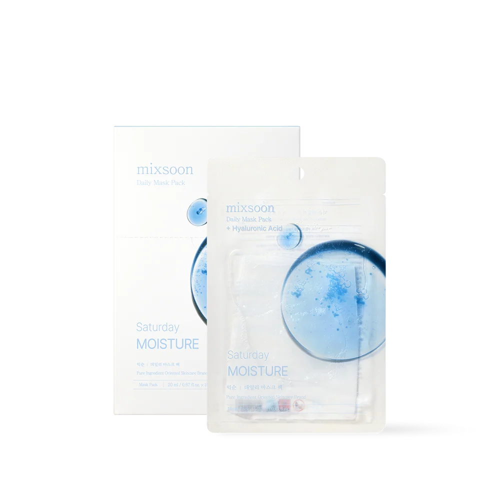 mixsoon Daily Mask - 1 Mask - Saturday Moisture - Moisturizing masks infused with hyaluronic acids and panthenol to maintain moisture in the skin and strengthen the skin barrier.