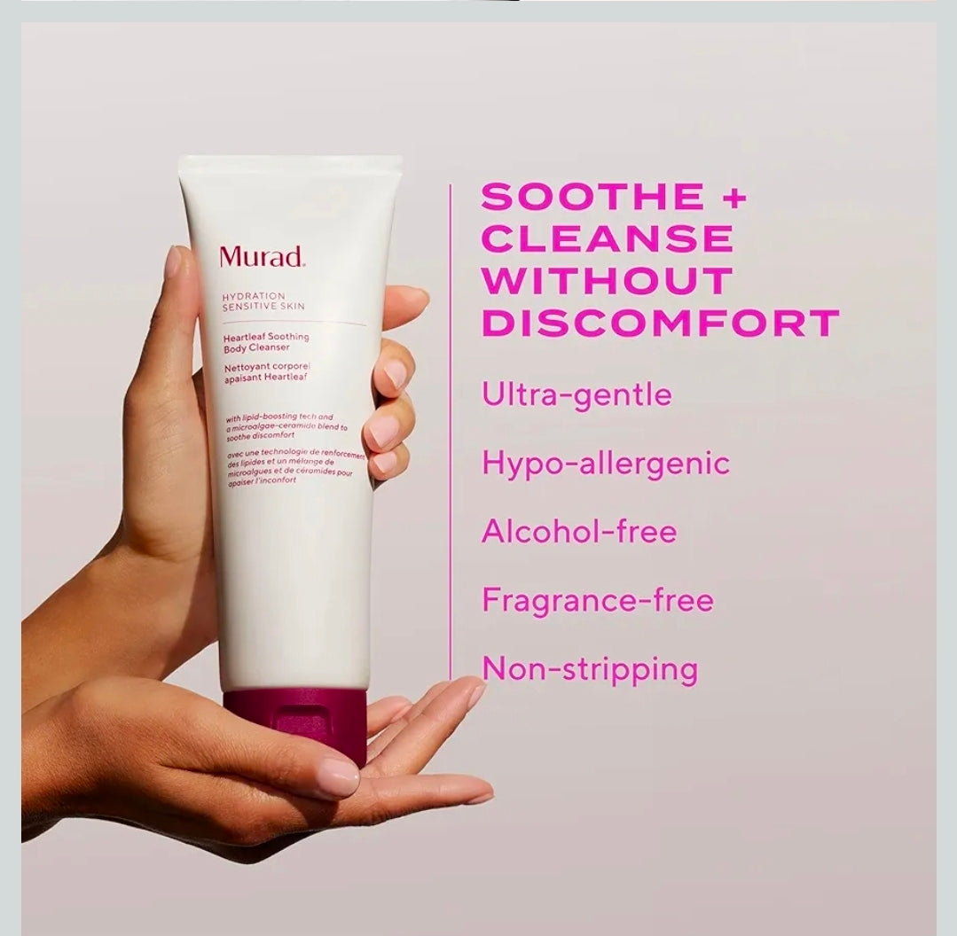 Limpiador corporal calmante Murad Heartleaf para piel sensible: limpiador suave y sin resecar con ceramidas y lípidos que fortalecen la piel para calmar, suavizar, reparar y fortalecer la barrera cutánea.
