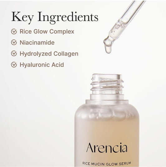 Arencia Rice Mucin Glow Serum, Collagen + Hyaluronic Acid & Niacinamide - Antiaging for plump, hydrated, and luminous skin