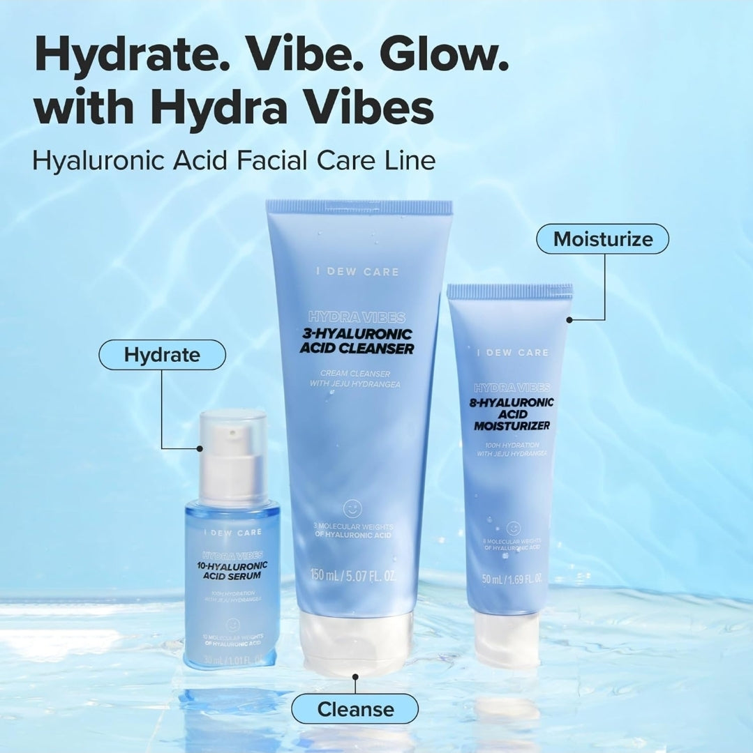 I DEW CARE Cuidado de la Piel - Hydra Vibes - Set de 3 piezas + 1 Diadema de Gato Gratis - Limpiador, suero y humectante con ácido hialurónico de diferente peso molecular