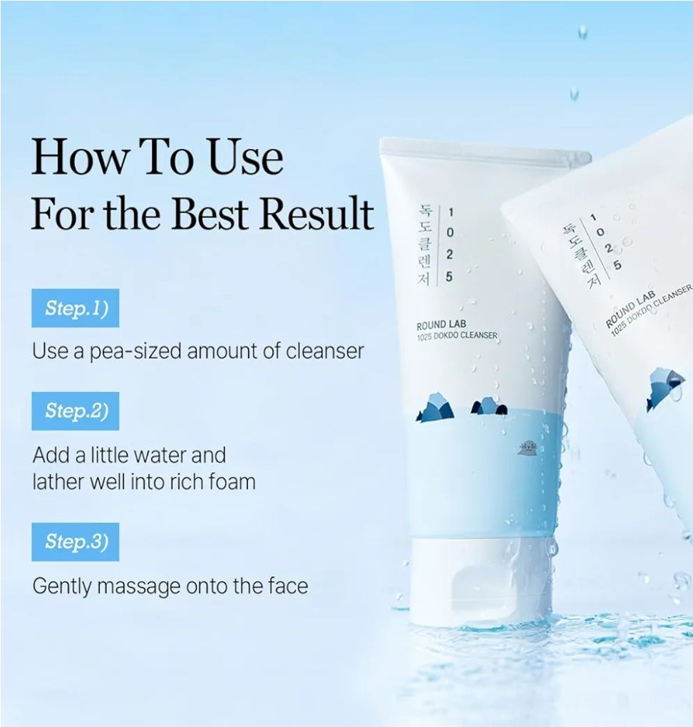 ROUND LAB 1025 Dokdo Cleanser - Low pH Facial Cleanser for Sensitive Skin, Rich Soft Bubbles for Deep Cleansing and Makeup Removal, Hydrating Face Wash with Deep Sea Water, Korean Skin Care