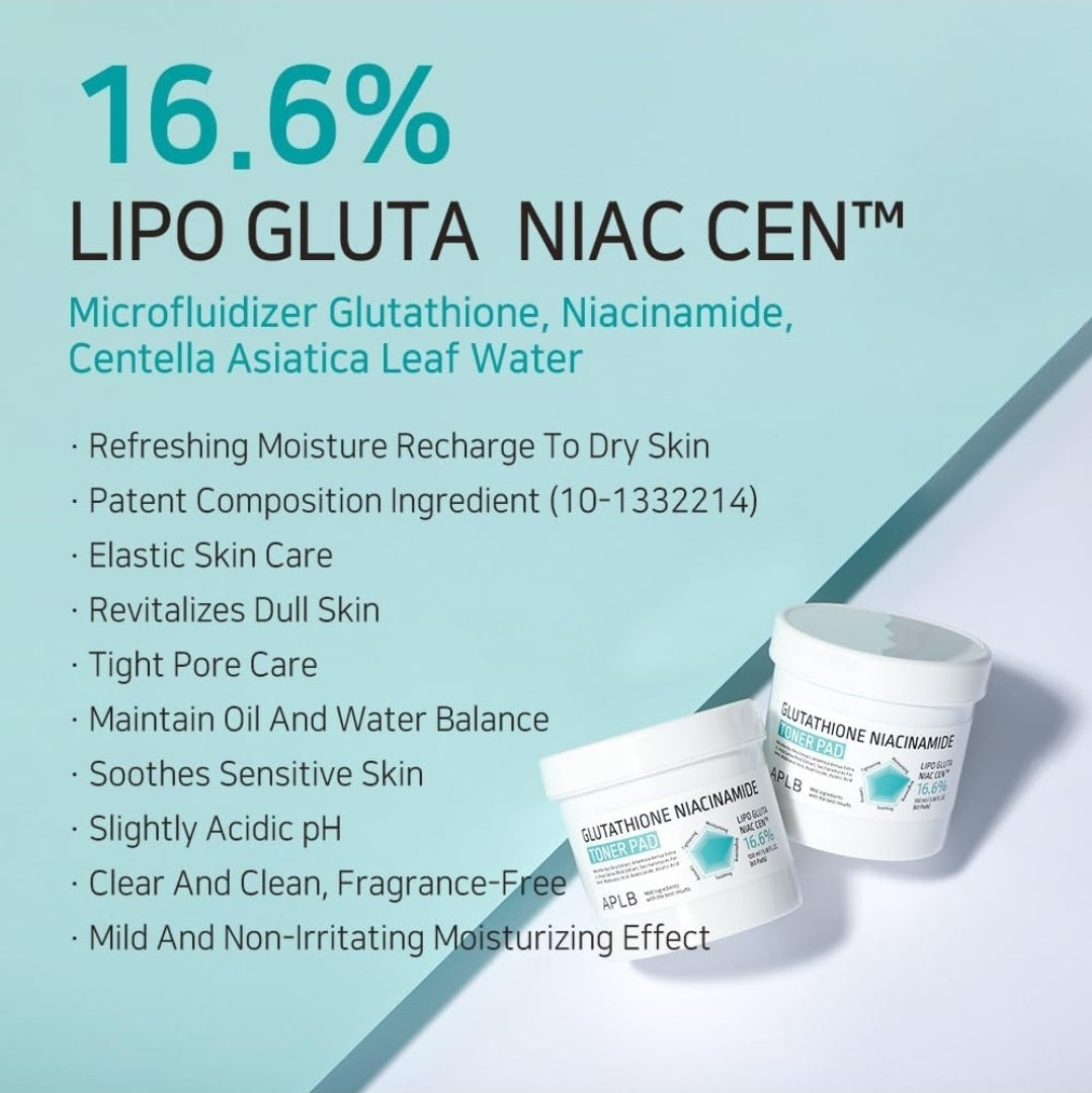 Almohadillas tonificadoras de glutatión y niacinamida APLB - Almohadillas tonificadoras de doble superficie LIPO GLUTA NIAC CEN 16.6%, hidratación duradera