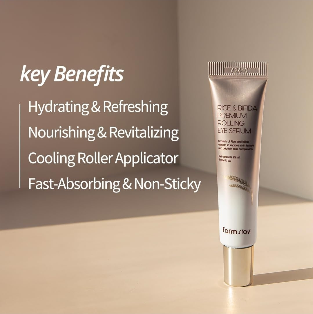 Suero para ojos Farmstay Rice & Bifida Premium con niacinamida, corrector, refrescante y calmante para las manchas oscuras. Crema para ojos para la hinchazón.