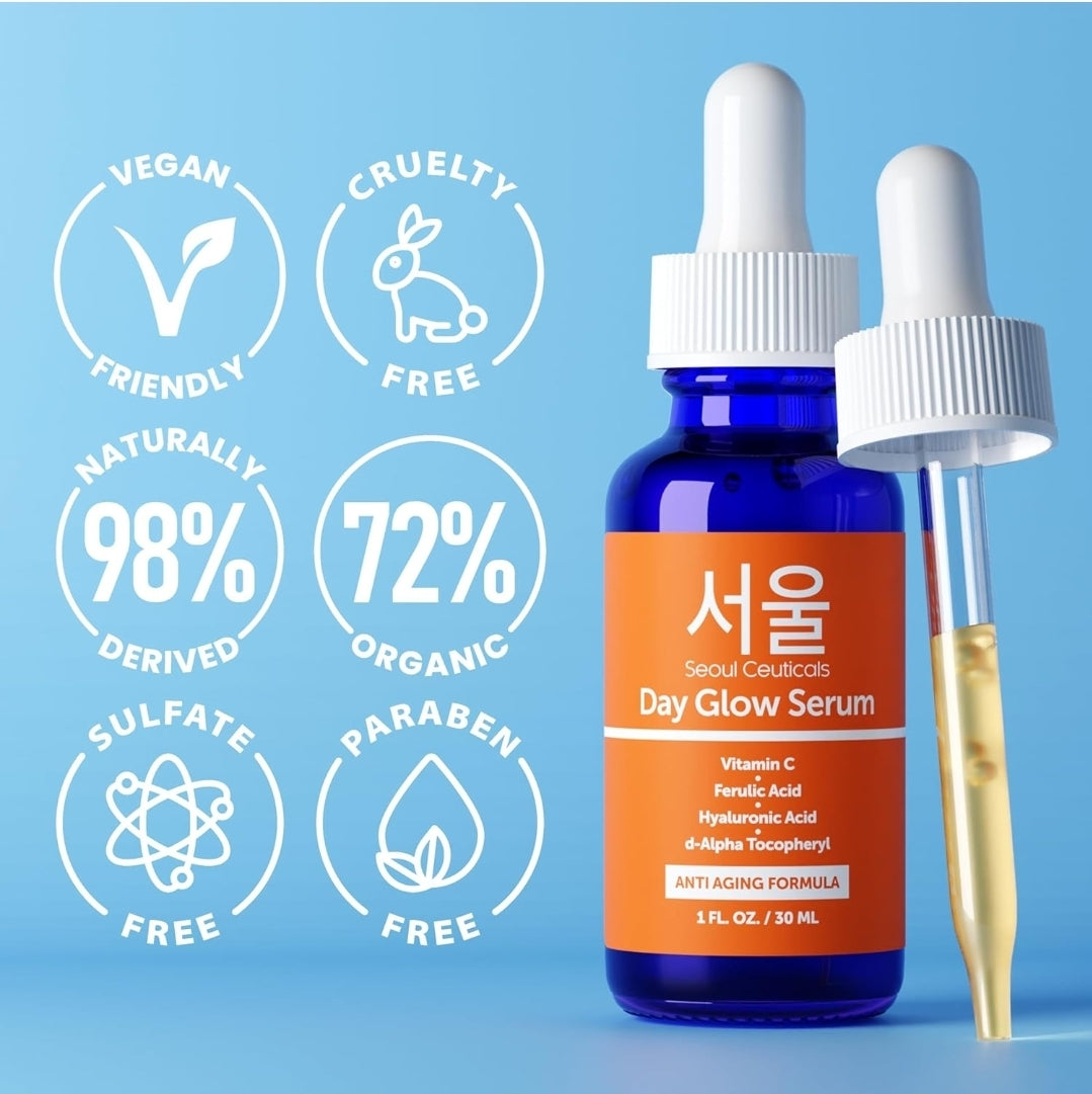 Seoul Ceuticals Day Glow Serum - Vitamin C, Hyaluronic Acid Serum, CE Ferulic Acid, S Alpha Tocopheryl - Potent Anti-Aging, Anti Wrinkle