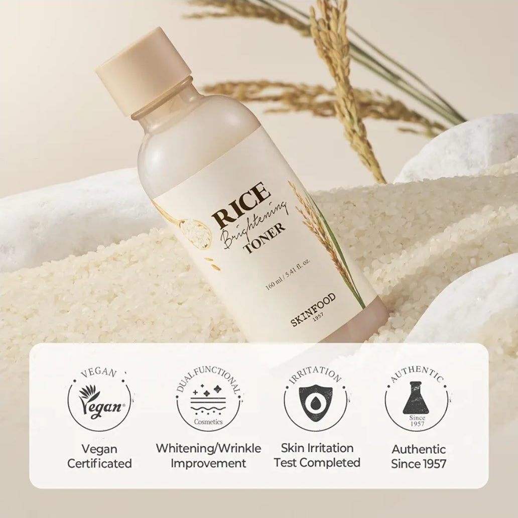 Skinfood Rice Brightening Toner - Glow Glass Skin, Natural Rice Water Milk for Pore Minimizing, Hydrating, Glowing Skin, Vegan