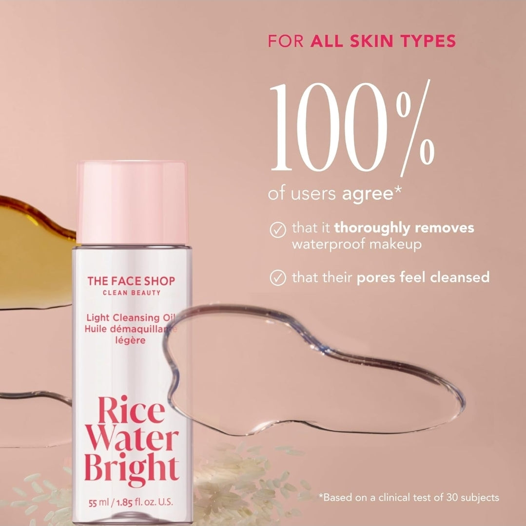 The Face Shop Rice Water Bright Trial Set - Travel Size Foaming Cleanser & Cleansing Oil, Gentle Face Cleanser & Pore Control, Moisturizing Makeup Remover
