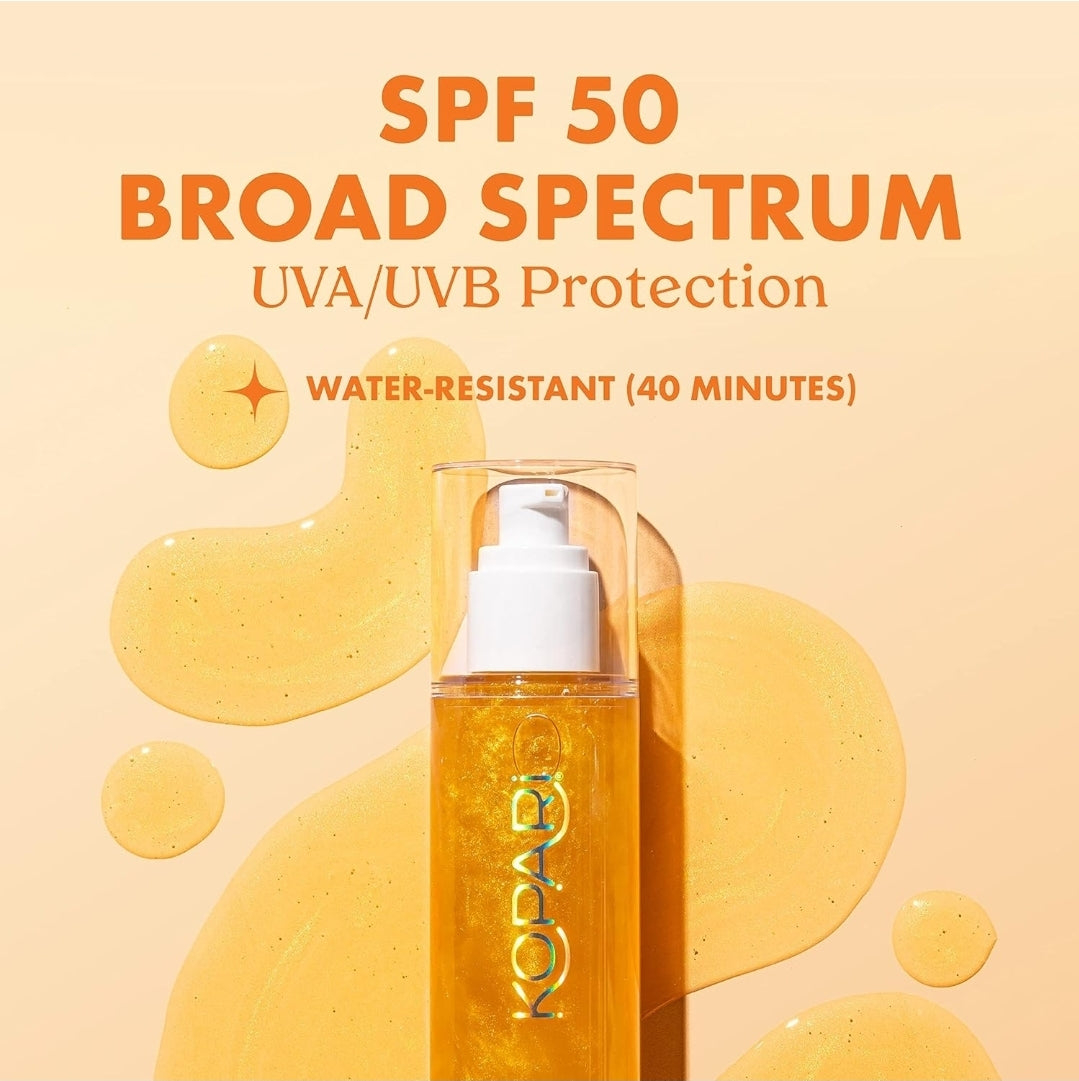 Kopari Sun Shield Body Glow, Broad Spectrum SPF 50 - Lightweight Shimmering Gel Texture Absorbs Quickly, Non Sticky, Glowing Results