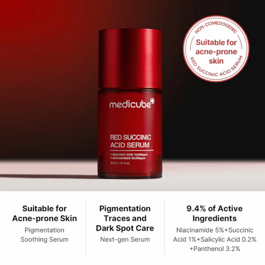 Peeling de ácido succínico rojo medicube: peeling de 1 minuto que reduce las imperfecciones, la textura desigual de la piel y la pigmentación posterior al acné, a la vez que calma y fortalece.