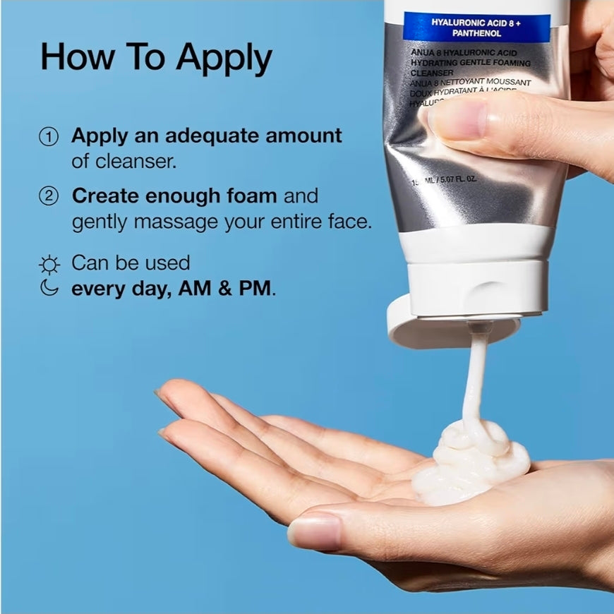 Anua Hyaluronic Acid 8 + Panthenol Cleanser - Hydrating Gentle Foaming Cleanser Hyaluronic Acid, Glycerin, Zinc, Panthenol, Korean Face Wash for Dry Skin