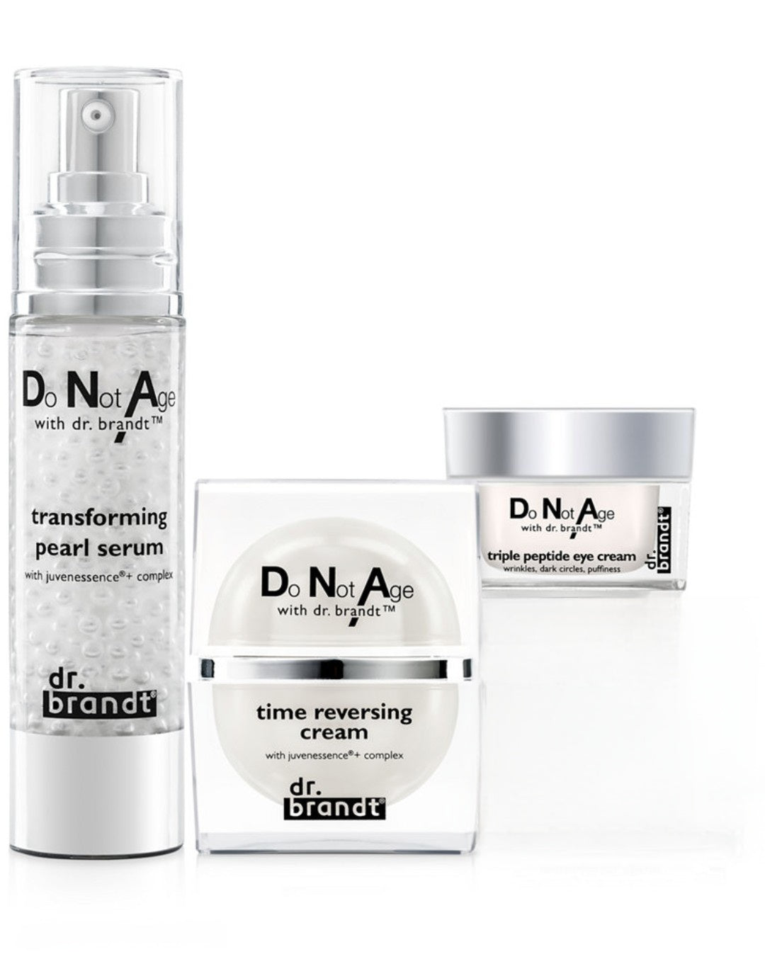Crema para ojos con triple péptido Do Not Age del Dr. Brandt + Crema antiedad + Suero de perla transformador - Set de 3 piezas para el cuidado de la piel