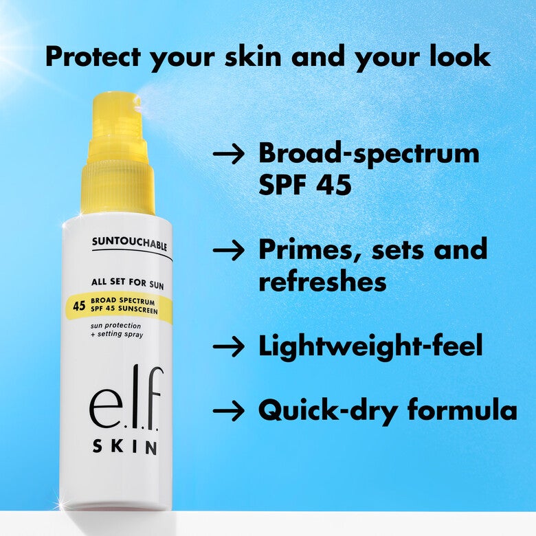 ELF SKIN All Set For Sun SPF 45 - Spray fijador para maquillaje de larga duración, ligero y no graso