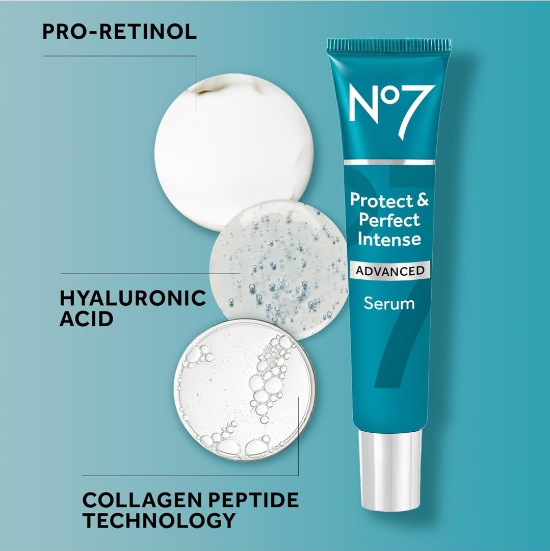 No7 Protect & Perfect Intense Advanced Serum: suero facial antiedad que suaviza y reafirma visiblemente las líneas finas y arrugas.