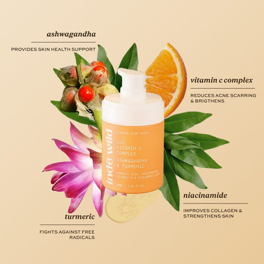 Inde Wild 15% Vitamin C Sunrise Glow Serum - Ashwagandha and Turmeric, Evens Skin Tone + Brightens Dull Skin, Fades Sun Spots + Sun Tan, Reduces Hyperpigmentation