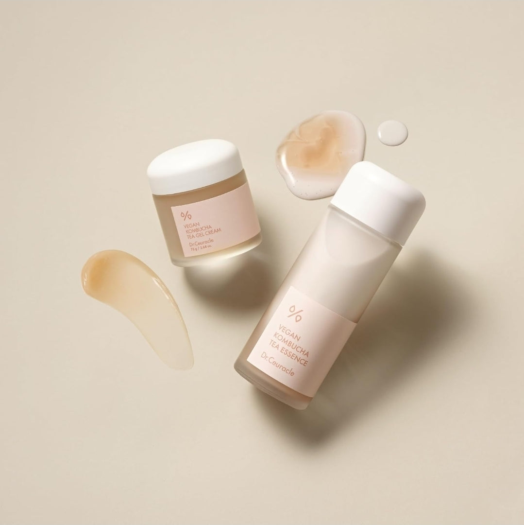 Dr. Ceuracle Vegan Kombucha Tea Beginning Set - Hydrating Essence Toner and a Nourishing Gel Cream. All skin types, this set deeply hydrates and leaves your skin glowing.