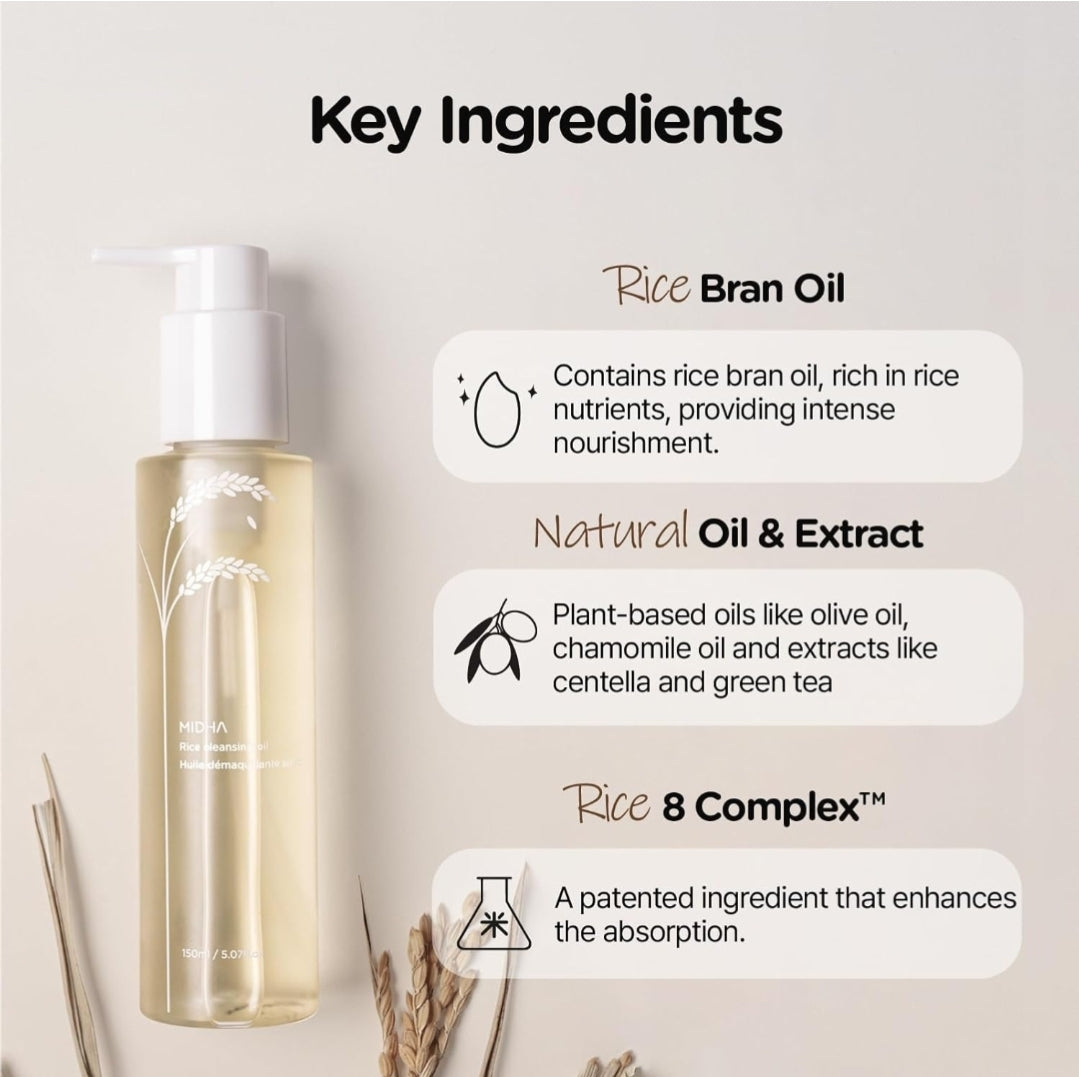 MIDHA Rice Cleansing Oil + Rice Bran Scrub Foam - Facial Cleanser Daily Makeup Remover Set - Long Lasting Cleanser & Hydration - 2 Piece Set