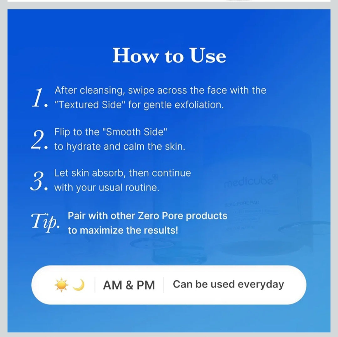Almohadillas tónicas medicube Zero Pore Pad 2.0: almohadilla facial de doble textura para exfoliación y cuidado de los poros con 4,5 % de ácido láctico AHA y 0,45 % de ácido salicílico BHA.