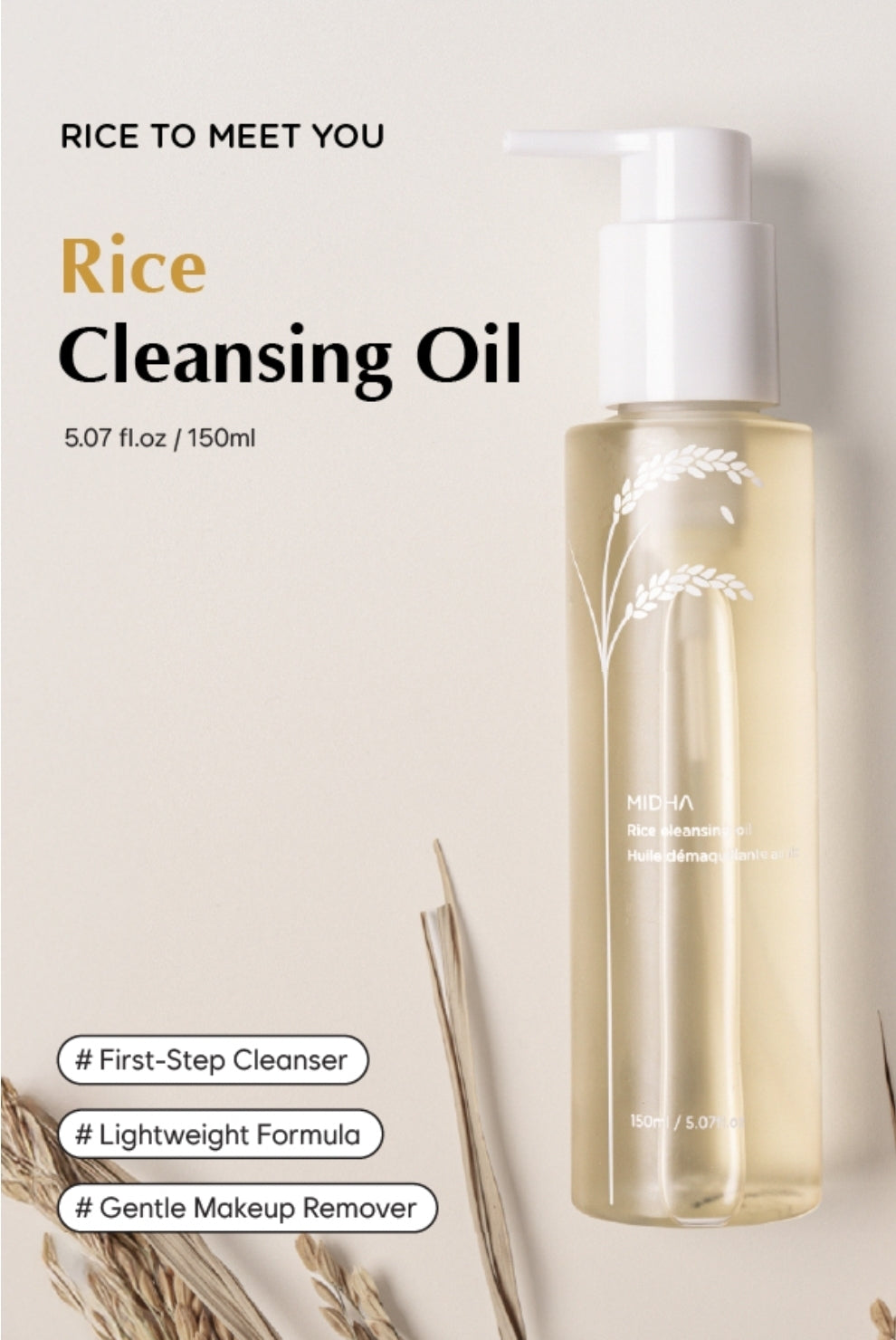 MIDHA Rice Cleansing Oil - Gentle Makeup Remover, Hydrating, Lightweight, Plant-Based, Moisturizing First-Step Cleanser, Balanced Skin with Residue-Free, Sebum Care Formula