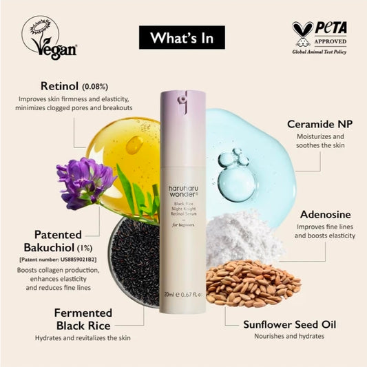 haruharu wonder Black Rice Night Knight Retinol Serum - Refining & Smoothing, Firms Skin, Reduces Fine Lines, Hydrating Formula