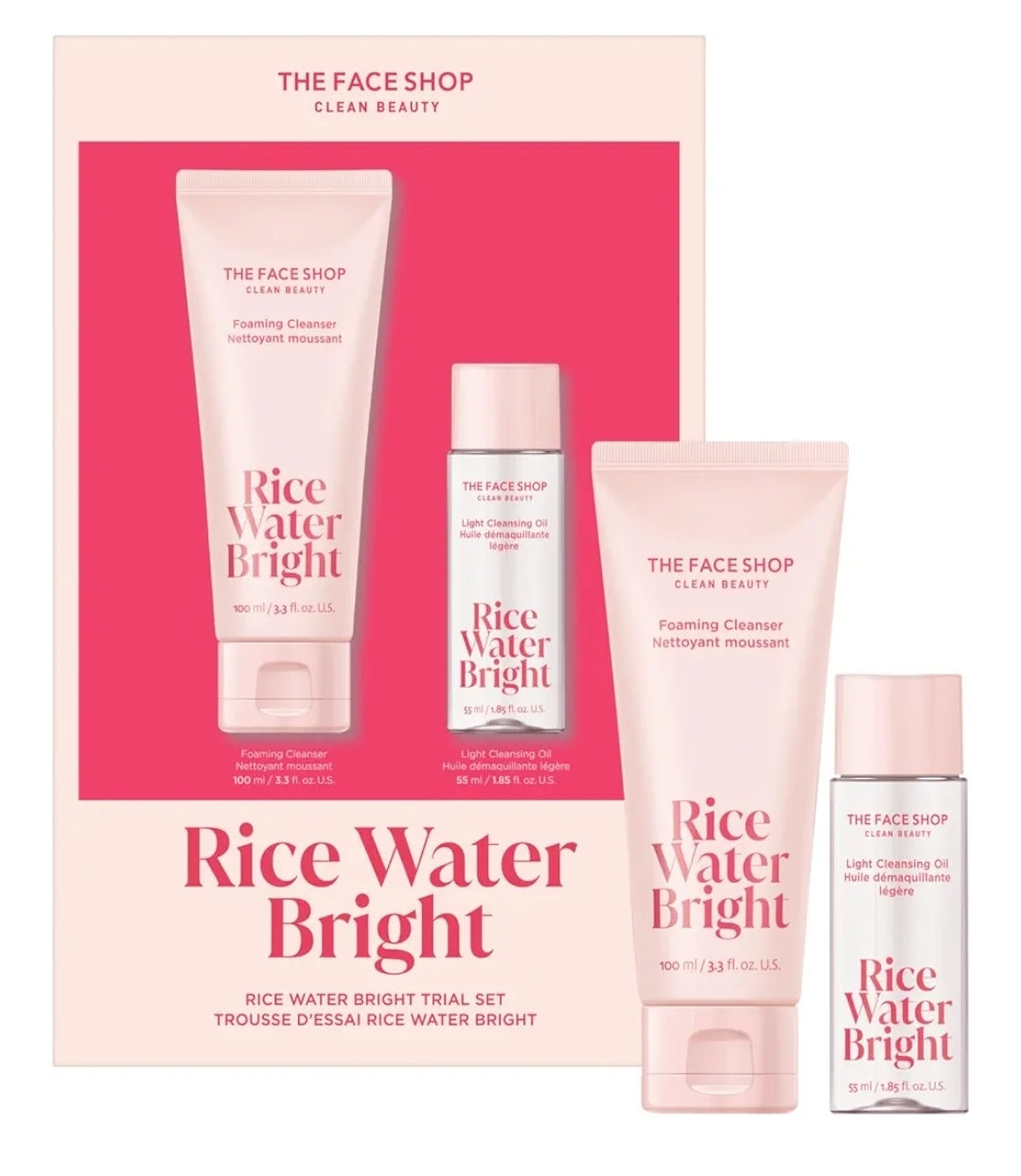 The Face Shop Rice Water Bright Trial Set - Travel Size Foaming Cleanser & Cleansing Oil, Gentle Face Cleanser & Pore Control, Moisturizing Makeup Remover