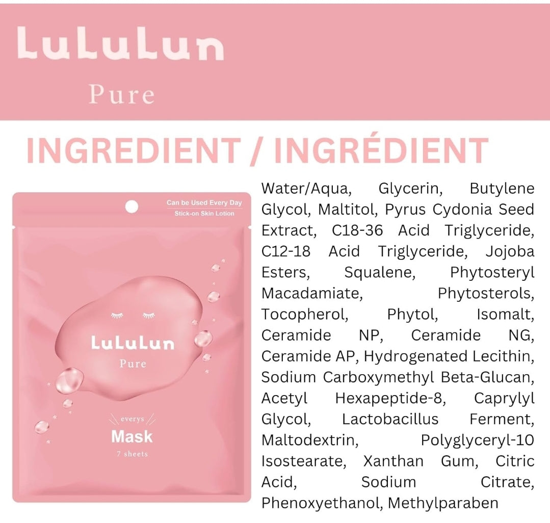 Lululun Pure Masks - Hydrating, Moisturizing Face Masks with Billberry Leaf & Cranberry Extracts - Japanese Skincare - 7 Masks