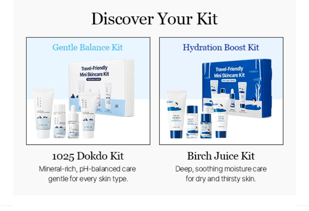 Kit hidratante mini ROUND LAB 1025 Dokdo (limpiador, tónico, ampolla y crema). Hidratación profunda para piel seca. Kit de prueba para el cuidado diario de la piel.