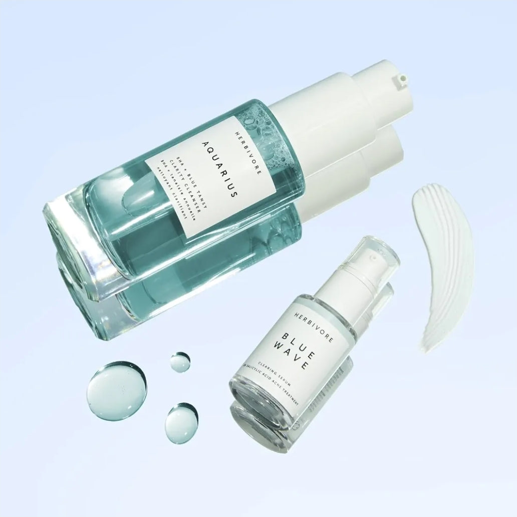 HERBIVORE Blue Besties Duo – 2 Step Treatment for Acne-Prone Skin - Aquarius Cleanser (50 mL) & Blue Wave Serum (10 mL), Plant-Based, Vegan, Cruelty-Free