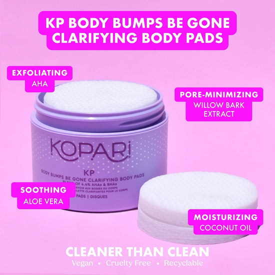 Kopari KP Body Bumps Be Gone - Clarifying Body Pads 4.4% AHA & Aloe Vera - Targets rough texture, dark spots, acne & KP