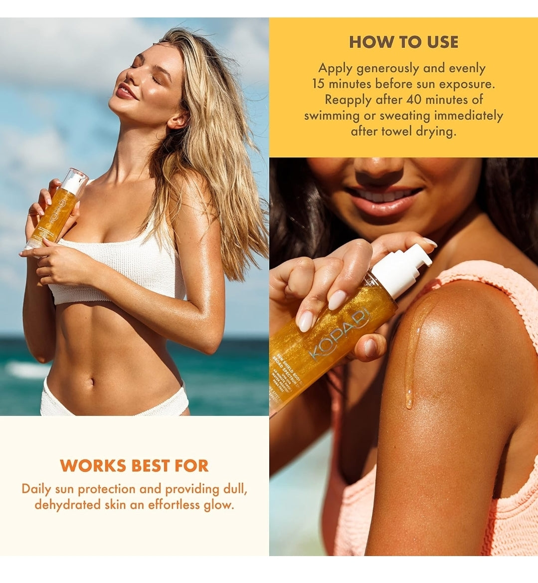 Kopari Sun Shield Body Glow, Broad Spectrum SPF 50 - Lightweight Shimmering Gel Texture Absorbs Quickly, Non Sticky, Glowing Results