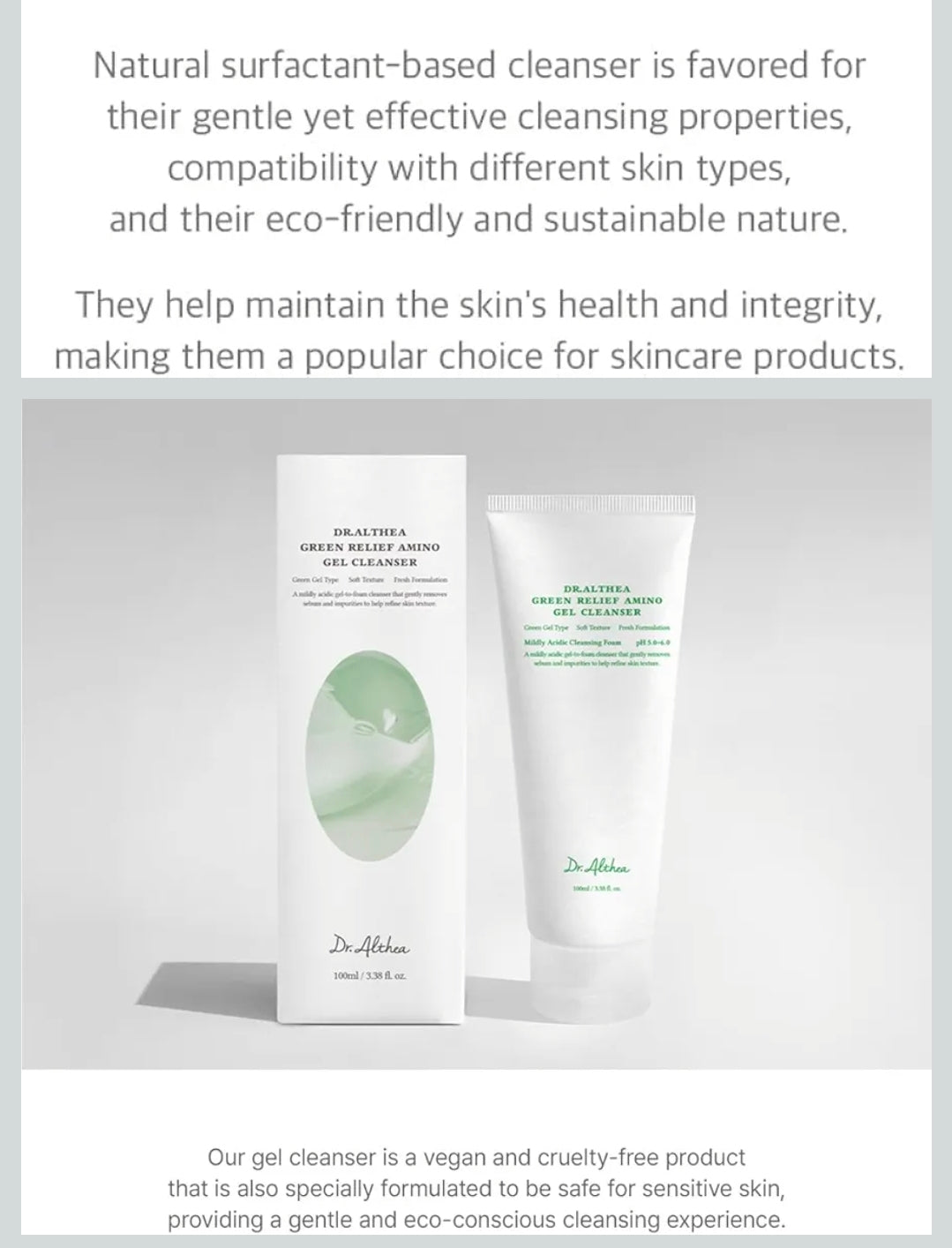 Dr. Althea Green Relief Amino Gel Cleanser - Lightweight & Hydrating Makeup Remover, Daily Face Wash with Hyaluronic Acid
