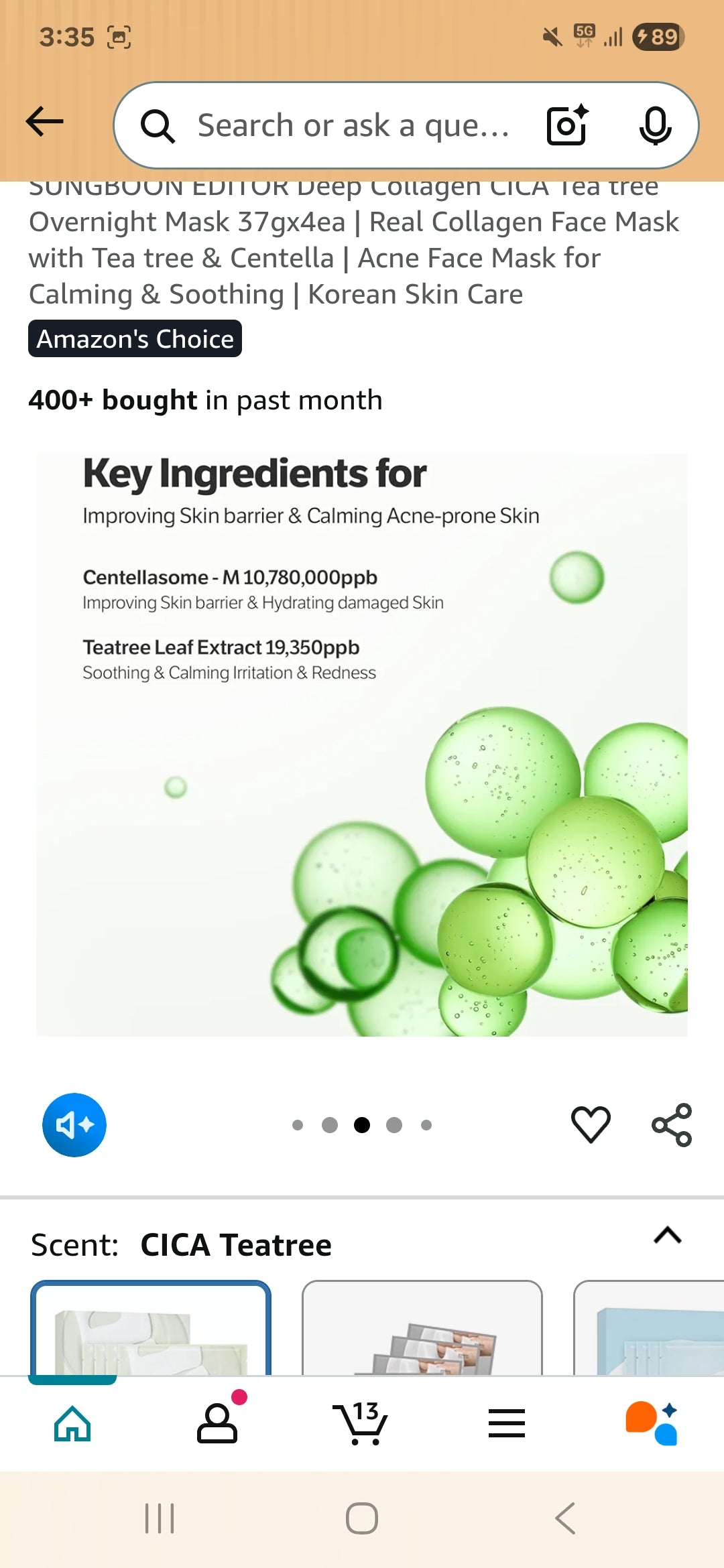 SUNGBOON EDITOR Deep Collagen CICA Tea tree Overnight Mask - Real Collagen Face Mask with Tea tree & Centella, Acne Face Mask for Calming & Soothing- 1 Mask