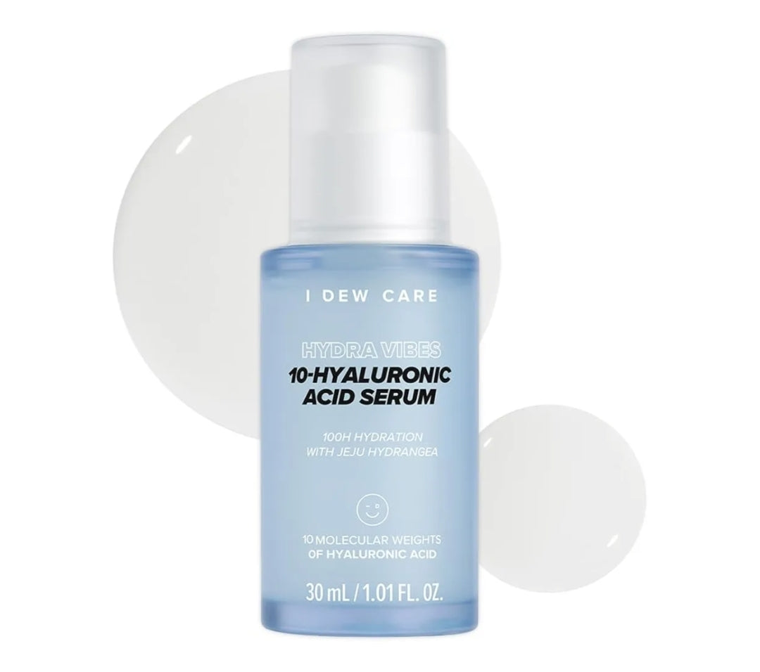I DEW CARE Cuidado de la Piel - Hydra Vibes - Set de 3 piezas + 1 Diadema de Gato Gratis - Limpiador, suero y humectante con ácido hialurónico de diferente peso molecular