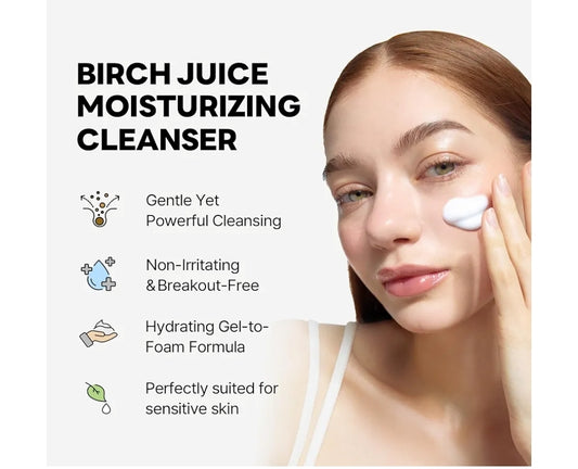 ROUND LAB Birch Juice Moisturizing Cleanser - Unclogs hidden sebum, Clears away dead skin cells., Soothing, Low pH, Gel Type Cleanser
